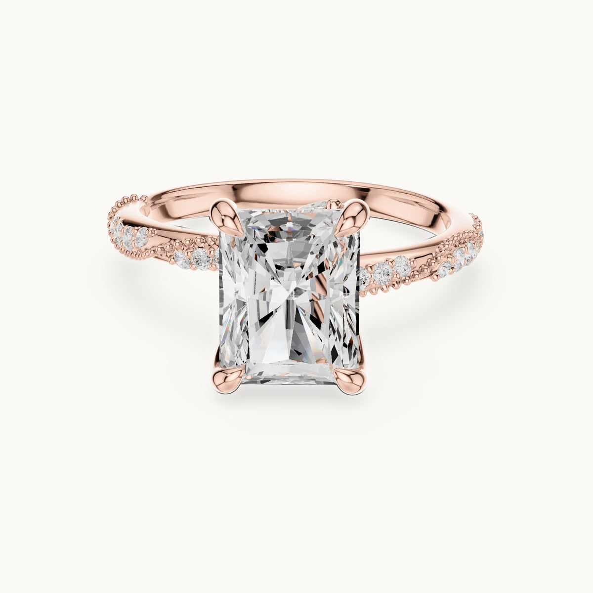 Radiant-cut, round and marquise lab-grown diamond twisted pavé engagement ring with marquise accents in rose gold, 3.36 CT TW, view 4