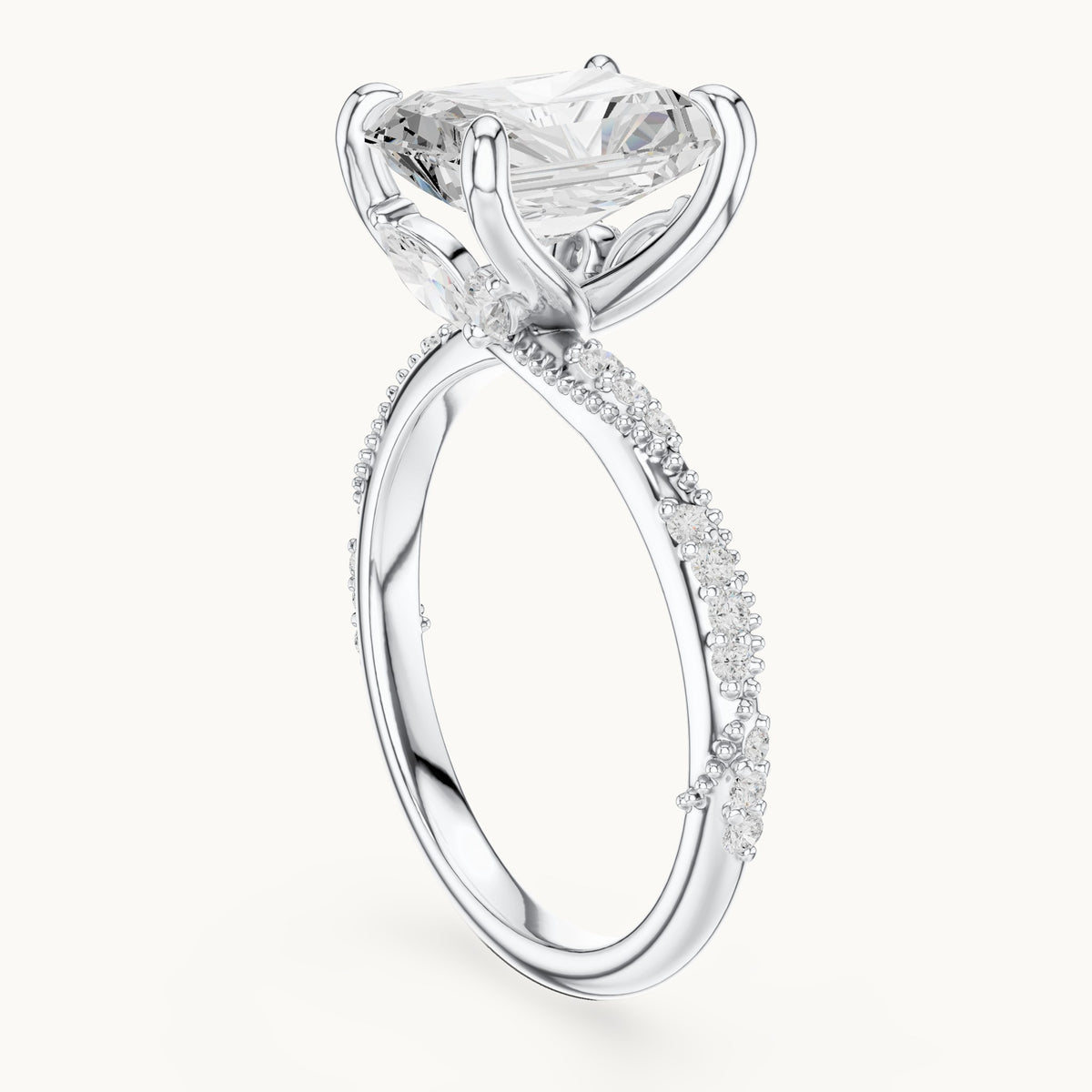 Radiant-cut, round and marquise lab-grown diamond twisted pavé engagement ring with marquise accents in white gold, 3.36 CT TW, view 1