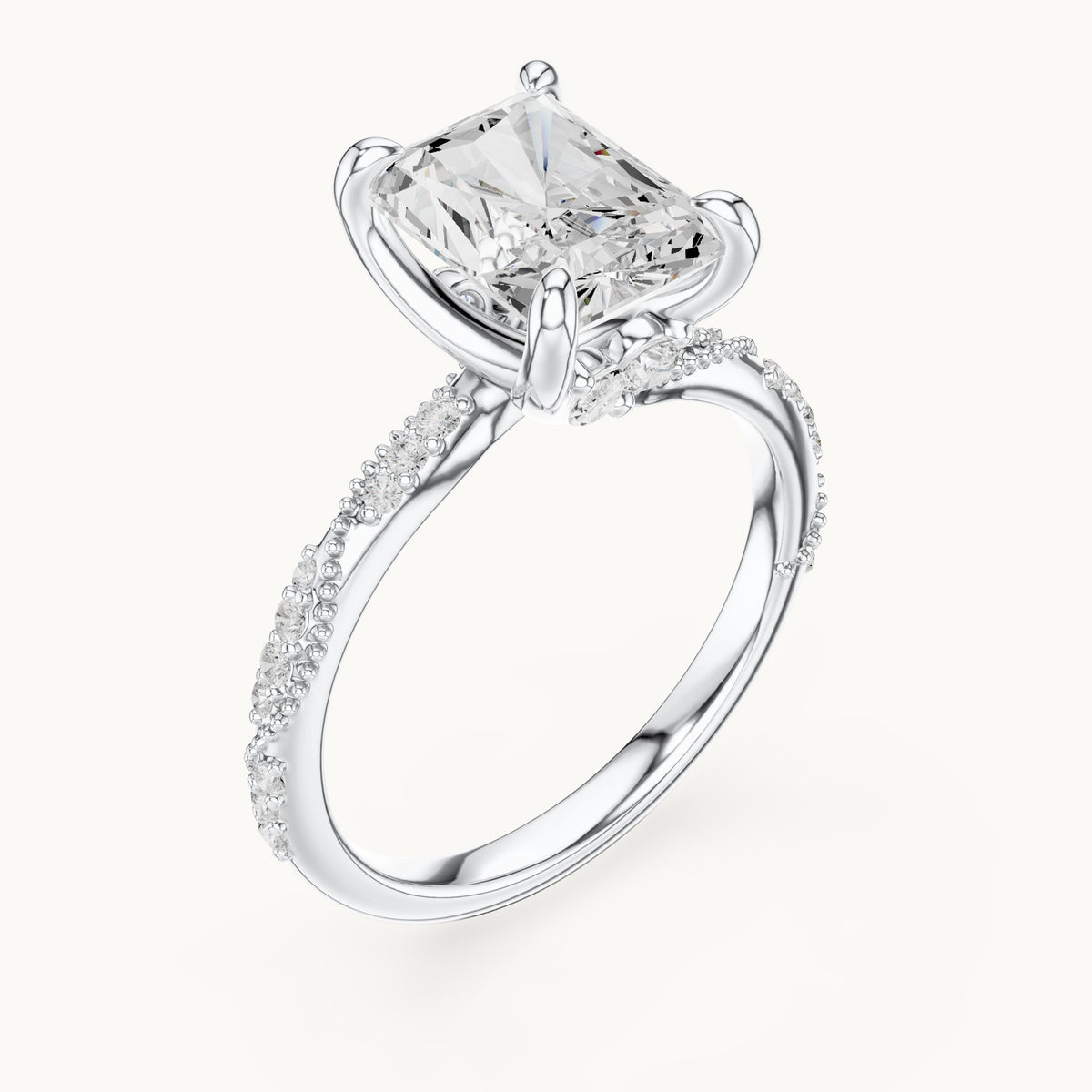 Radiant-cut, round and marquise lab-grown diamond twisted pavé engagement ring with marquise accents in white gold, 3.36 CT TW, view 2