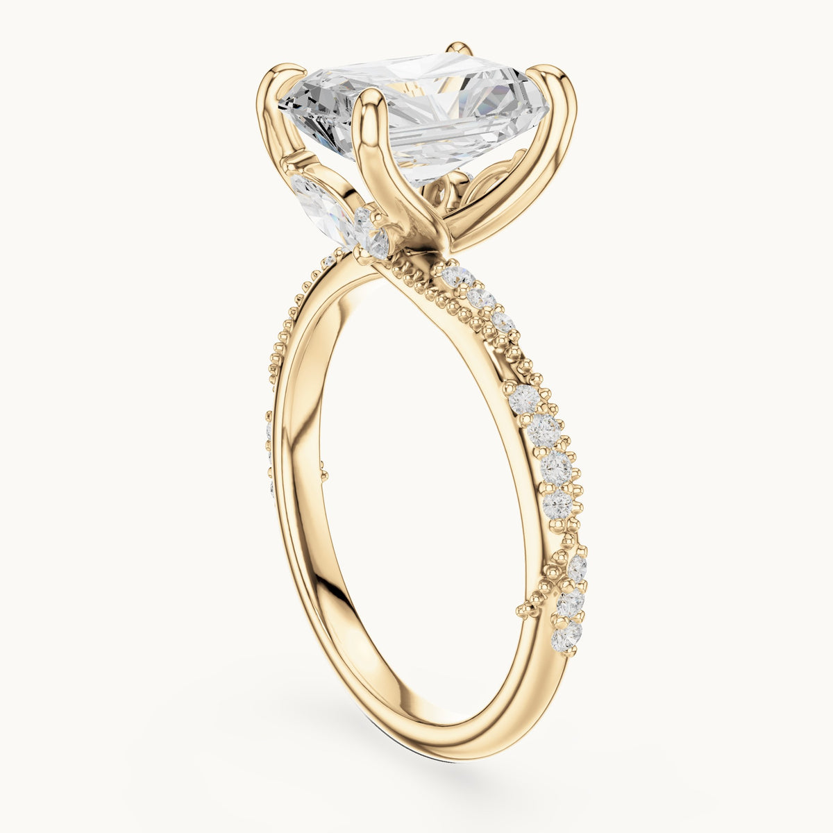 Radiant-cut, round and marquise lab-grown diamond twisted pavé engagement ring with marquise accents in yellow gold, 3.36 CT TW, view 1