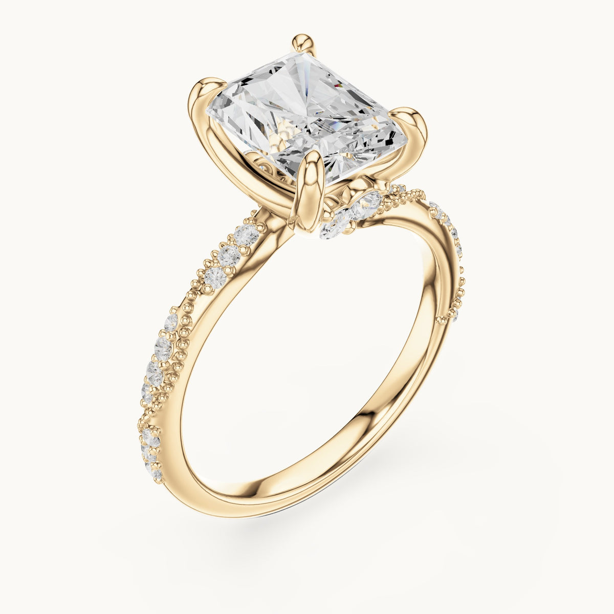 Radiant-cut, round and marquise lab-grown diamond twisted pavé engagement ring with marquise accents in yellow gold, 3.36 CT TW, view 2