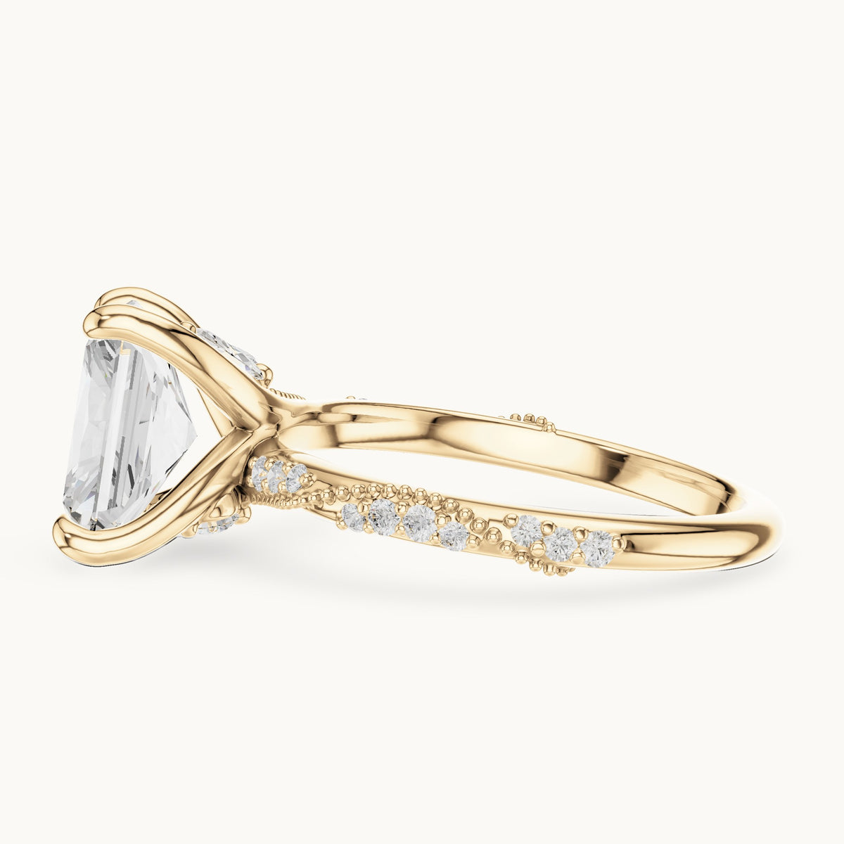Radiant-cut, round and marquise lab-grown diamond twisted pavé engagement ring with marquise accents in yellow gold, 3.36 CT TW, view 3