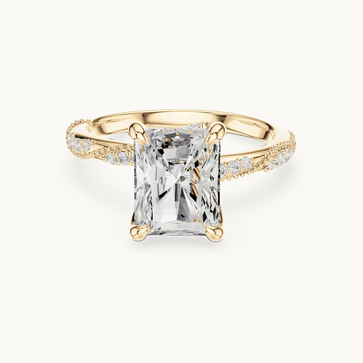 Radiant-cut, round and marquise lab-grown diamond twisted pavé engagement ring with marquise accents in yellow gold, 3.36 CT TW, view 4