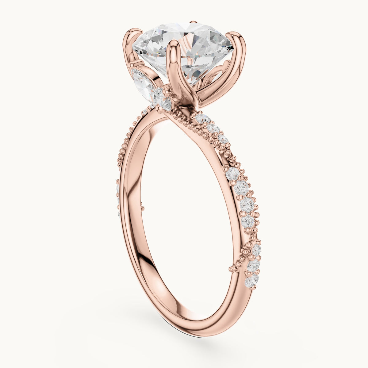 Round and marquise lab-grown diamond twisted pavé engagement ring with marquise accents in rose gold, 3.18 CT TW, view 1