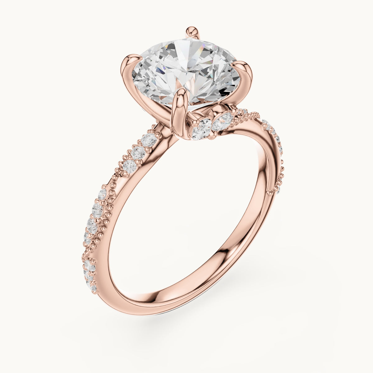 Round and marquise lab-grown diamond twisted pavé engagement ring with marquise accents in rose gold, 3.18 CT TW, view 2