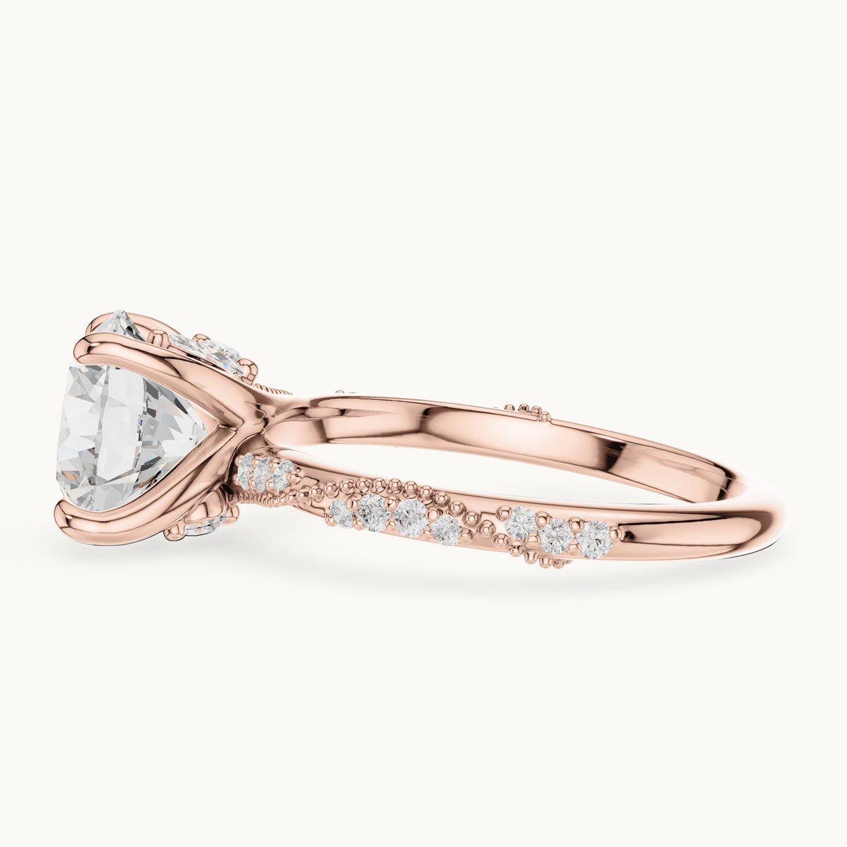 Round and marquise lab-grown diamond twisted pavé engagement ring with marquise accents in rose gold, 3.18 CT TW, view 3