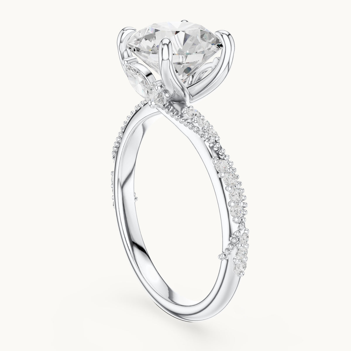 Round and marquise lab-grown diamond twisted pavé engagement ring with marquise accents in white gold, 3.18 CT TW, view 1
