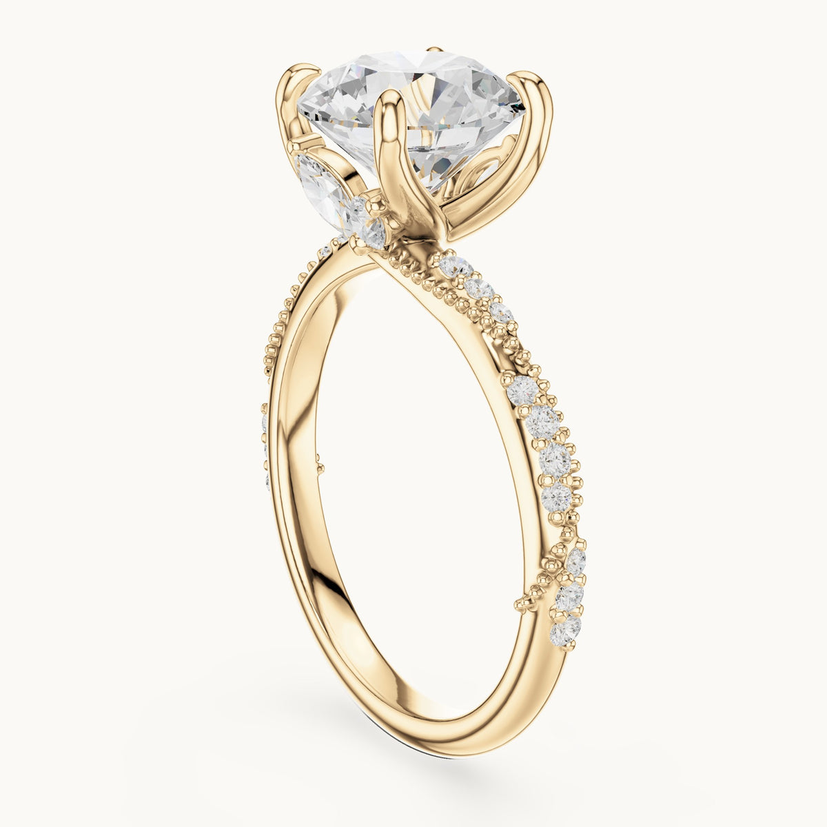 Round and marquise lab-grown diamond twisted pavé engagement ring with marquise accents in yellow gold, 3.18 CT TW, view 1