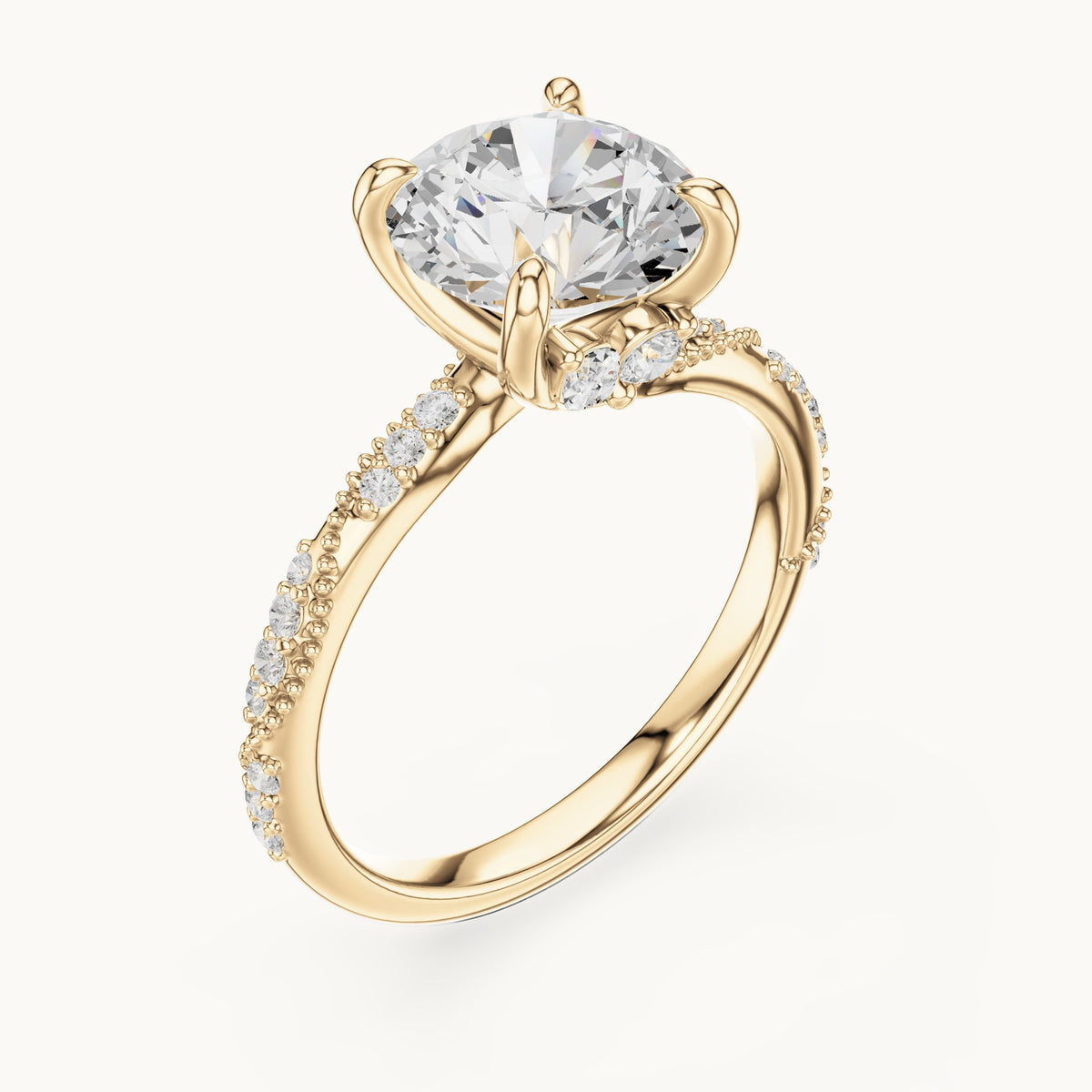 Round and marquise lab-grown diamond twisted pavé engagement ring with marquise accents in yellow gold, 3.18 CT TW, view 2