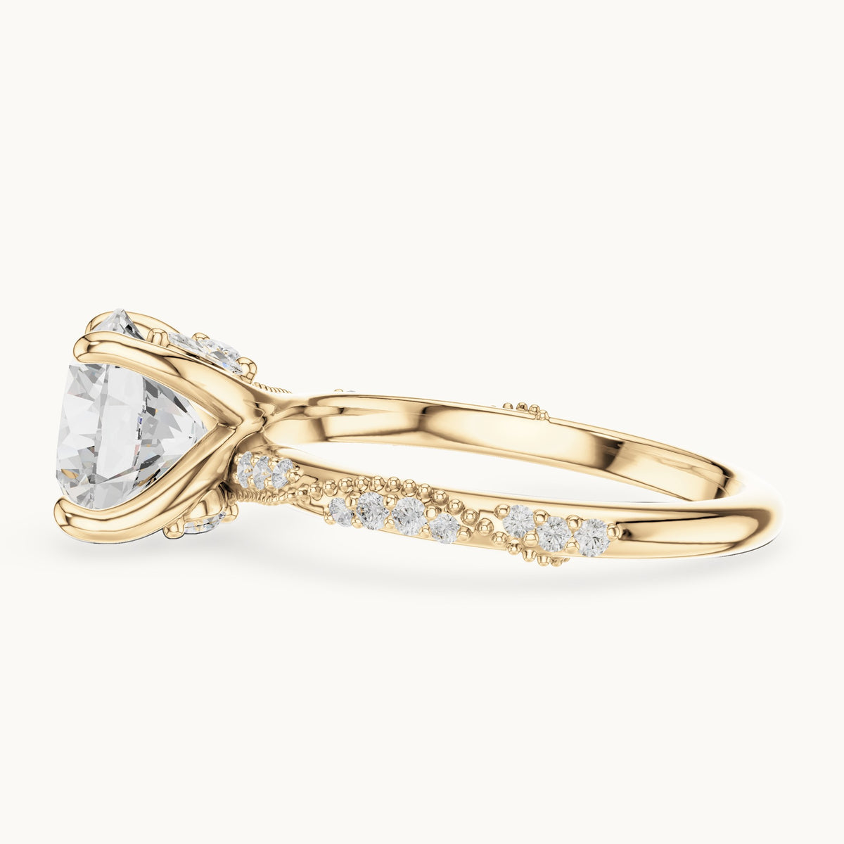 Round and marquise lab-grown diamond twisted pavé engagement ring with marquise accents in yellow gold, 3.18 CT TW, view 3