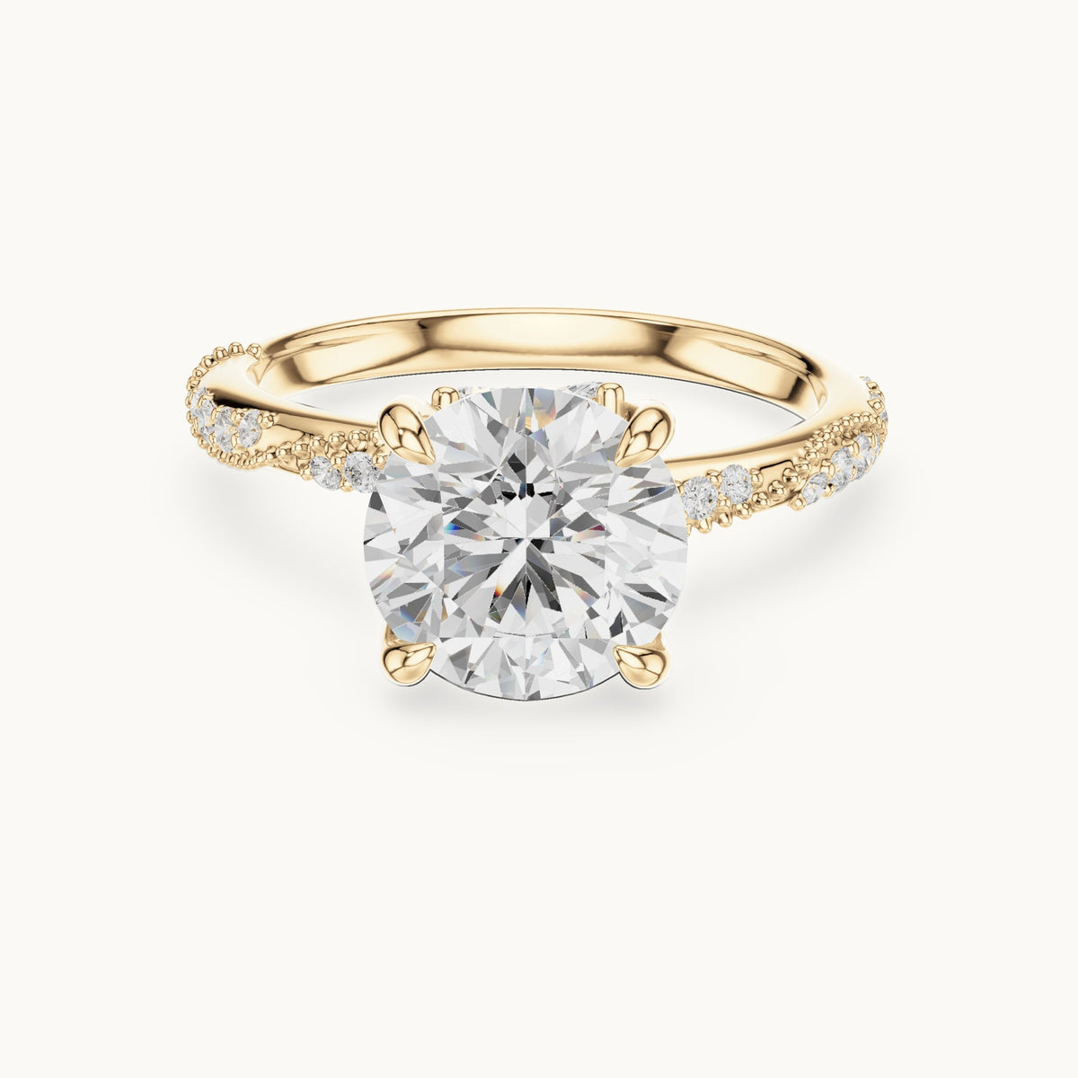 Round and marquise lab-grown diamond twisted pavé engagement ring with marquise accents in yellow gold, 3.18 CT TW, view 4