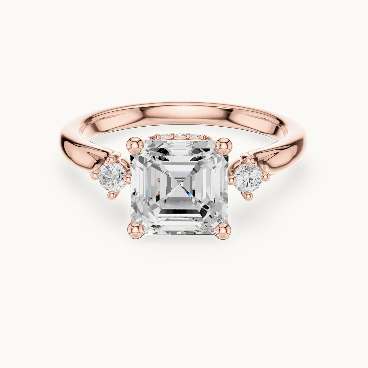 Square emerald-cut and round lab-grown diamond three-stone engagement ring with hidden halo in rose gold, 1.93 CT TW, view 4