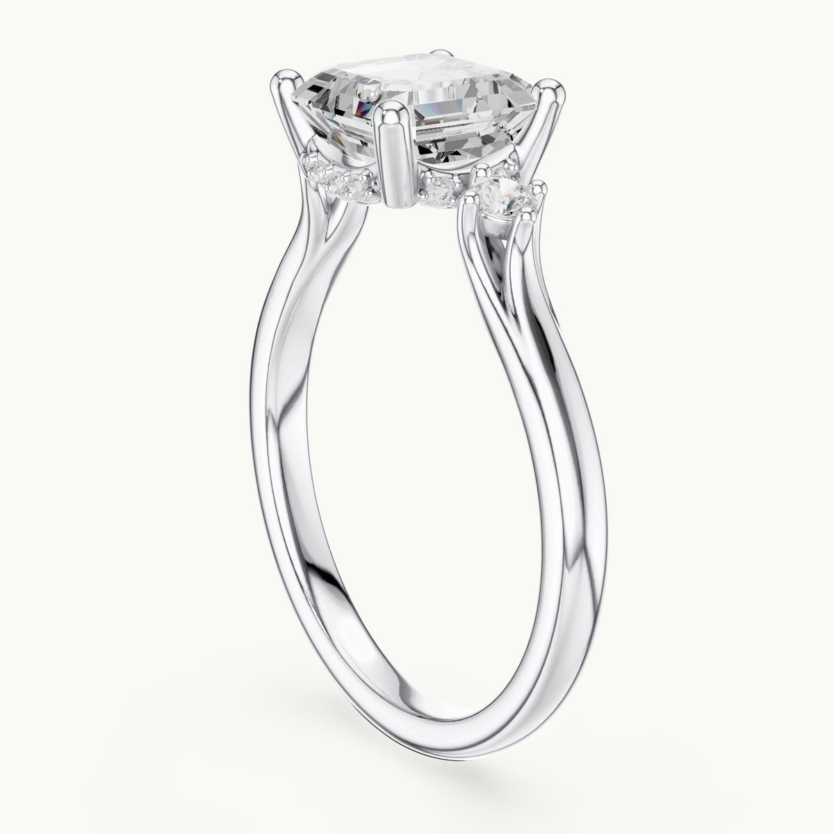 Square emerald-cut and round lab-grown diamond three-stone engagement ring with hidden halo in white gold, 1.93 CT TW, view 1