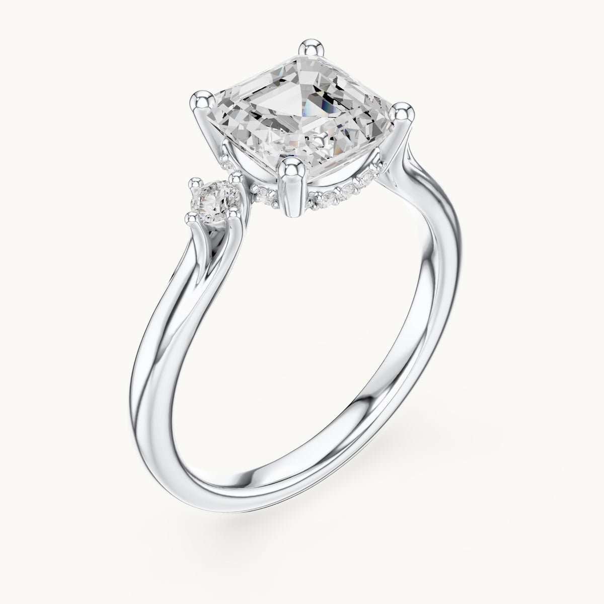 Square emerald-cut and round lab-grown diamond three-stone engagement ring with hidden halo in white gold, 1.93 CT TW, view 2