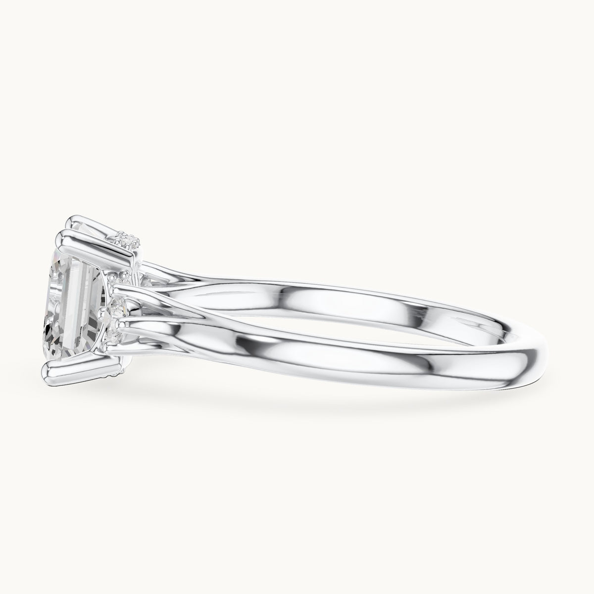 Square emerald-cut and round lab-grown diamond three-stone engagement ring with hidden halo in white gold, 1.93 CT TW, view 3