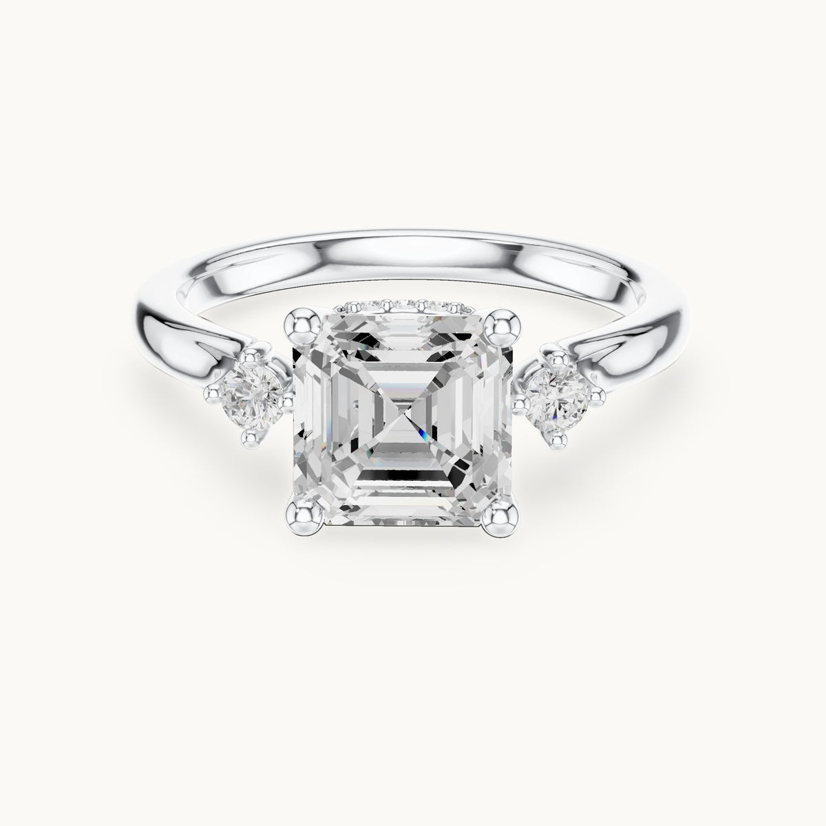 Square emerald-cut and round lab-grown diamond three-stone engagement ring with hidden halo in white gold, 1.93 CT TW, view 4
