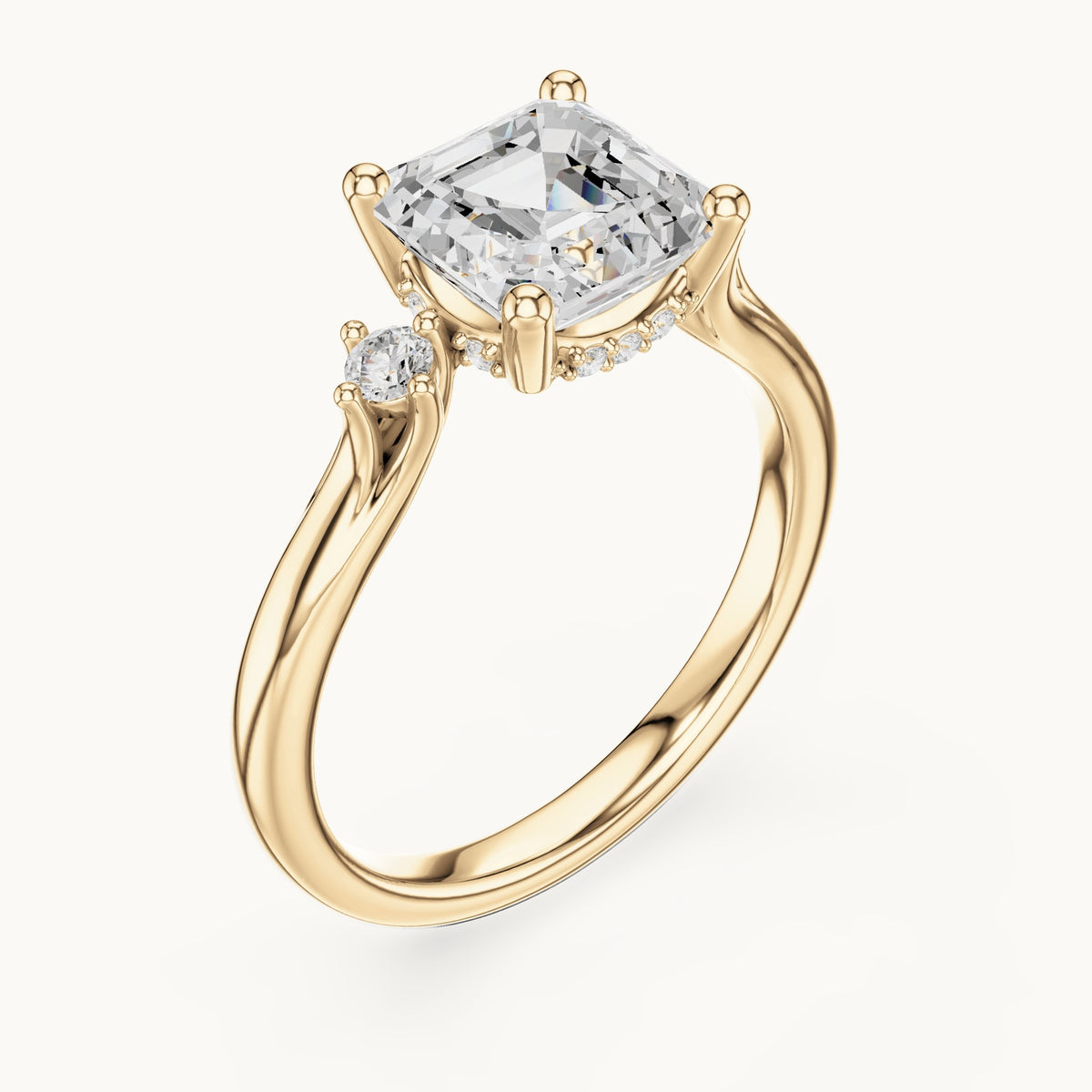 Square emerald-cut and round lab-grown diamond three-stone engagement ring with hidden halo in yellow gold, 1.93 CT TW, view 2