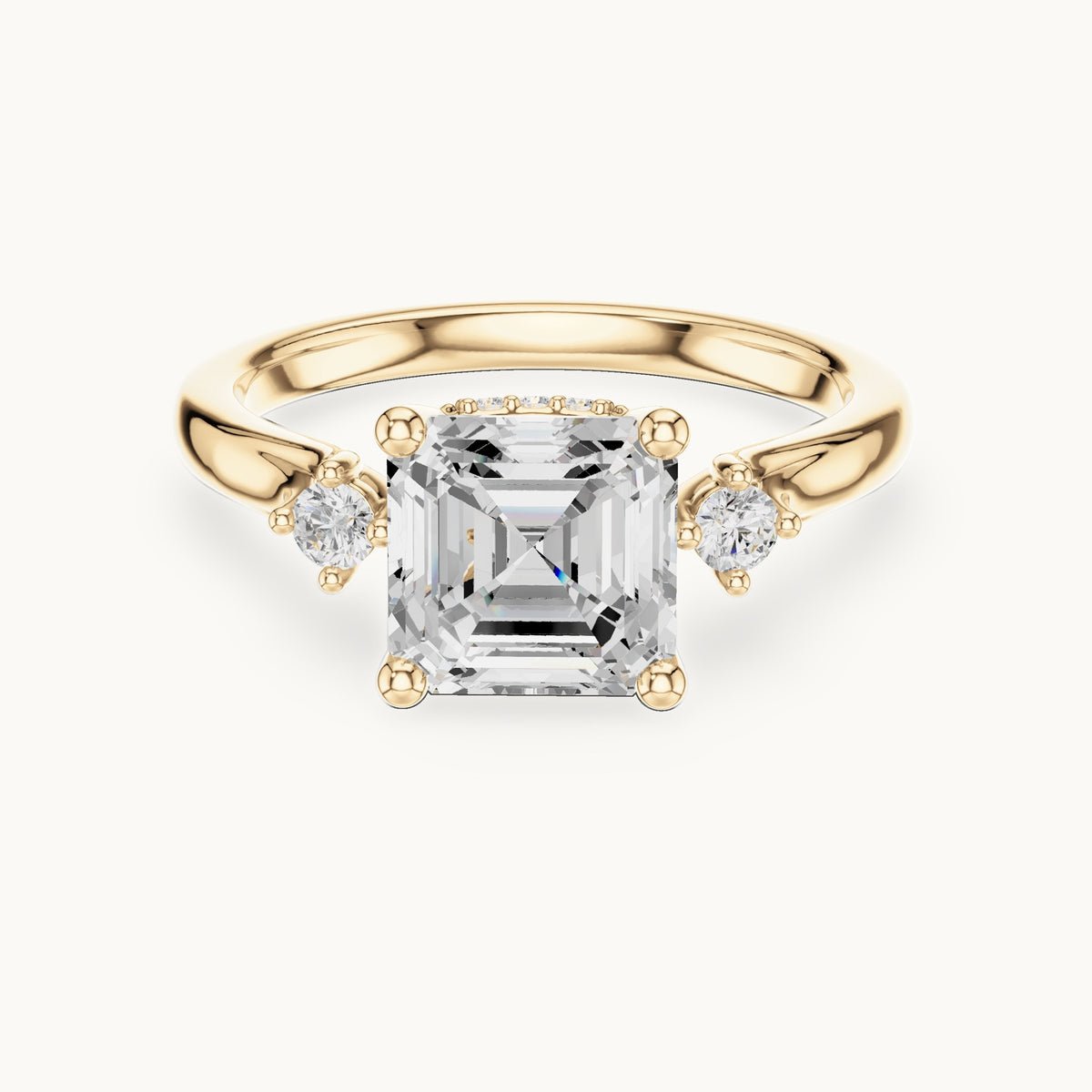 Square emerald-cut and round lab-grown diamond three-stone engagement ring with hidden halo in yellow gold, 1.93 CT TW, view 4