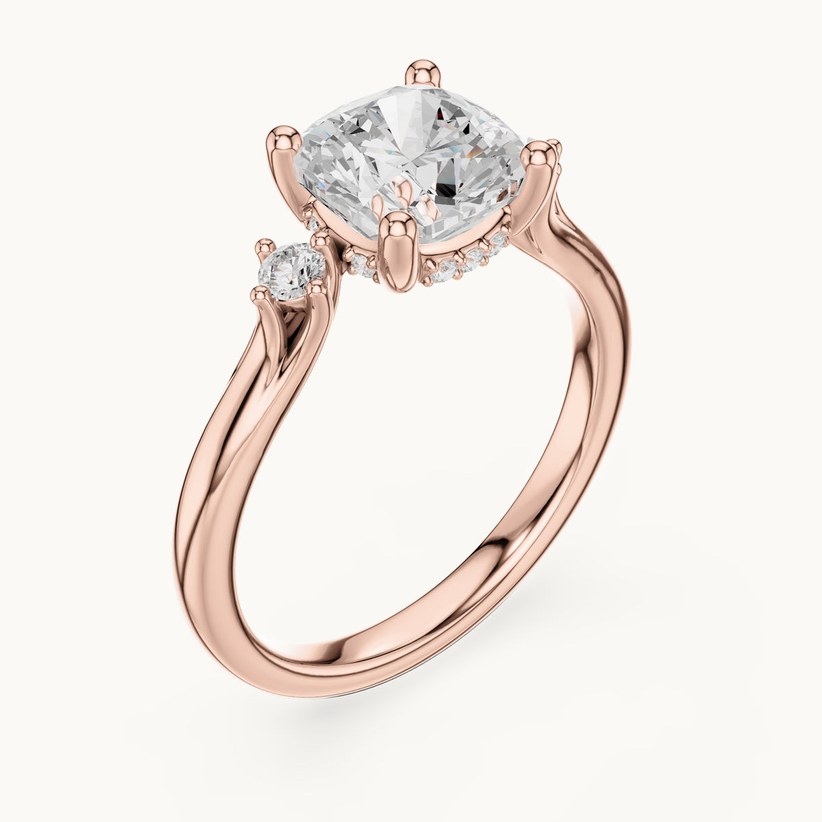 Cushion-cut and round lab-grown diamond three-stone engagement ring with hidden halo in rose gold, 1.93 CT TW, view 2