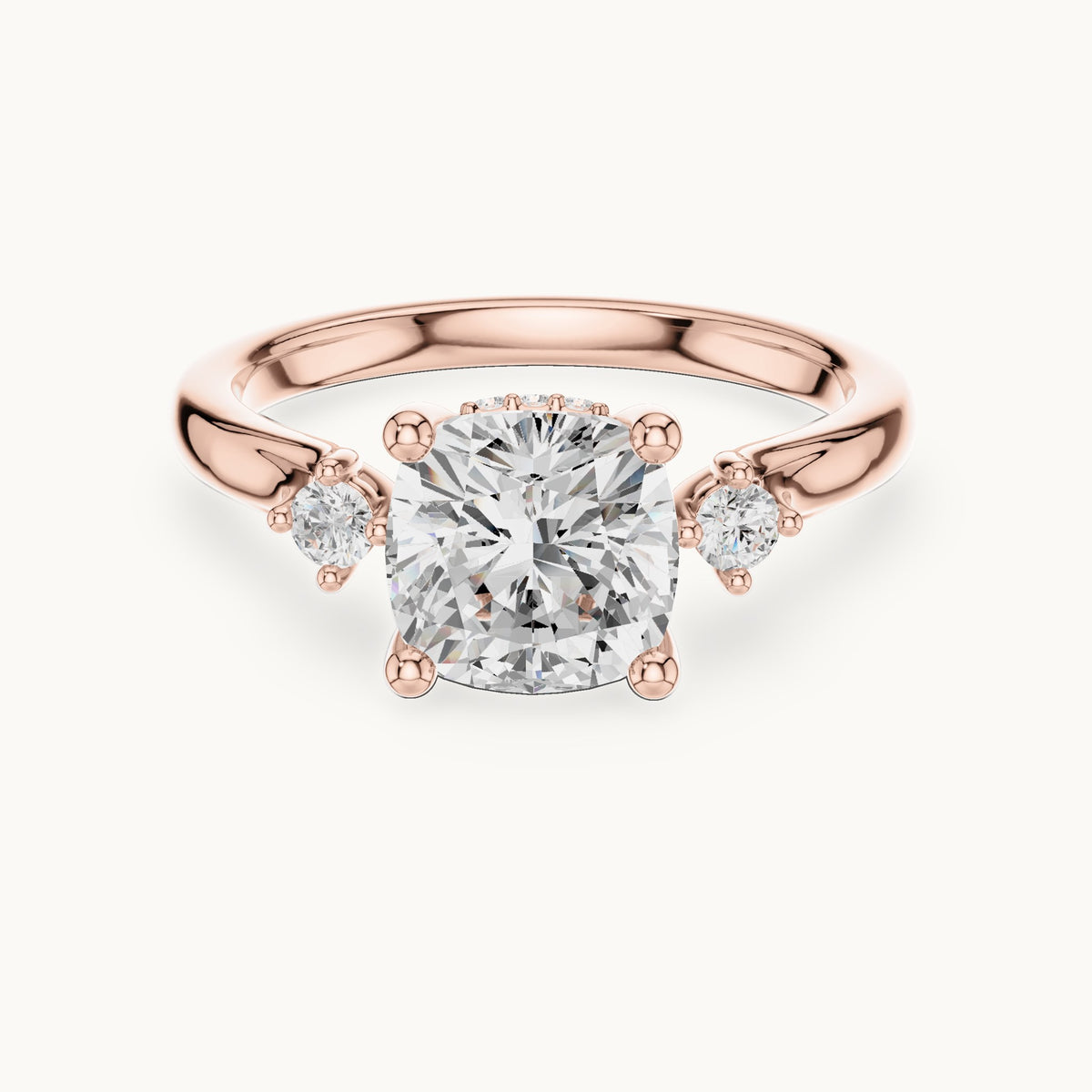 Cushion-cut and round lab-grown diamond three-stone engagement ring with hidden halo in rose gold, 1.93 CT TW, view 4