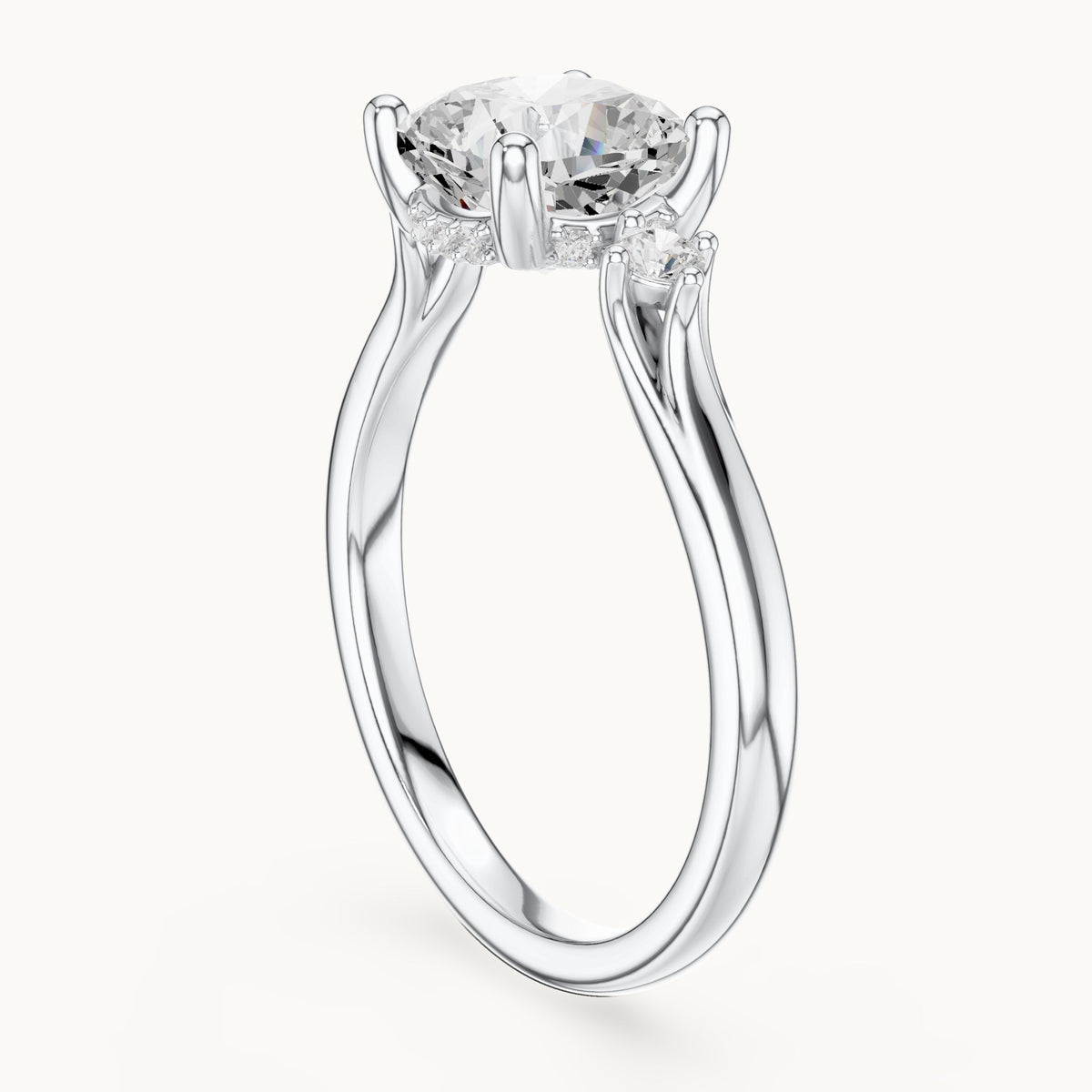 Cushion-cut and round lab-grown diamond three-stone engagement ring with hidden halo in white gold, 1.93 CT TW, view 1