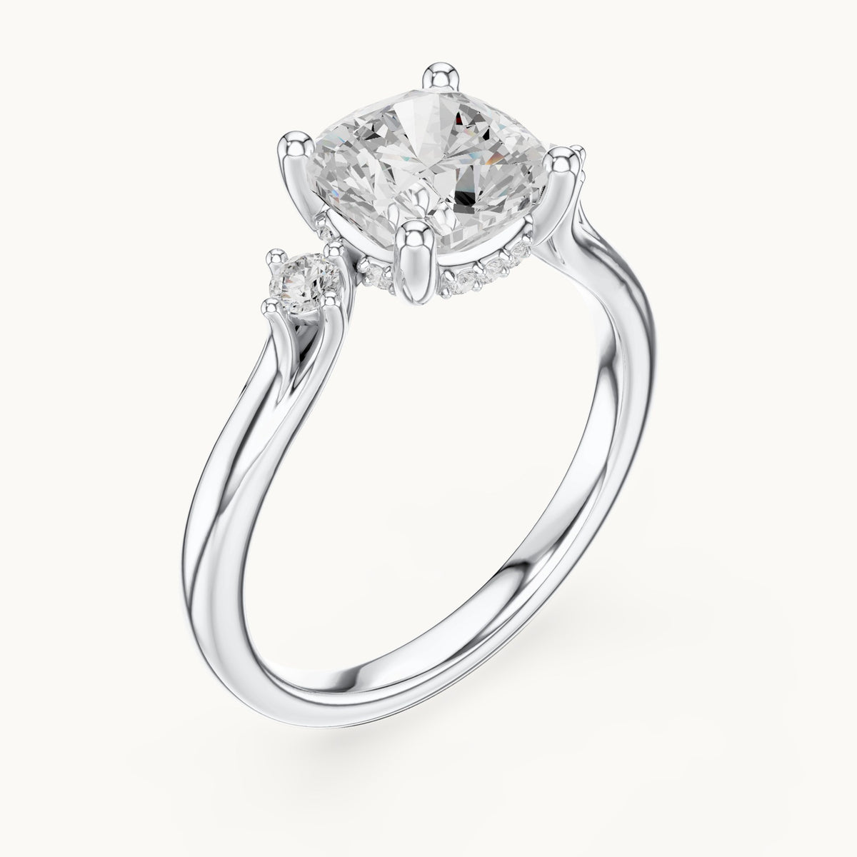 Cushion-cut and round lab-grown diamond three-stone engagement ring with hidden halo in white gold, 1.93 CT TW, view 2