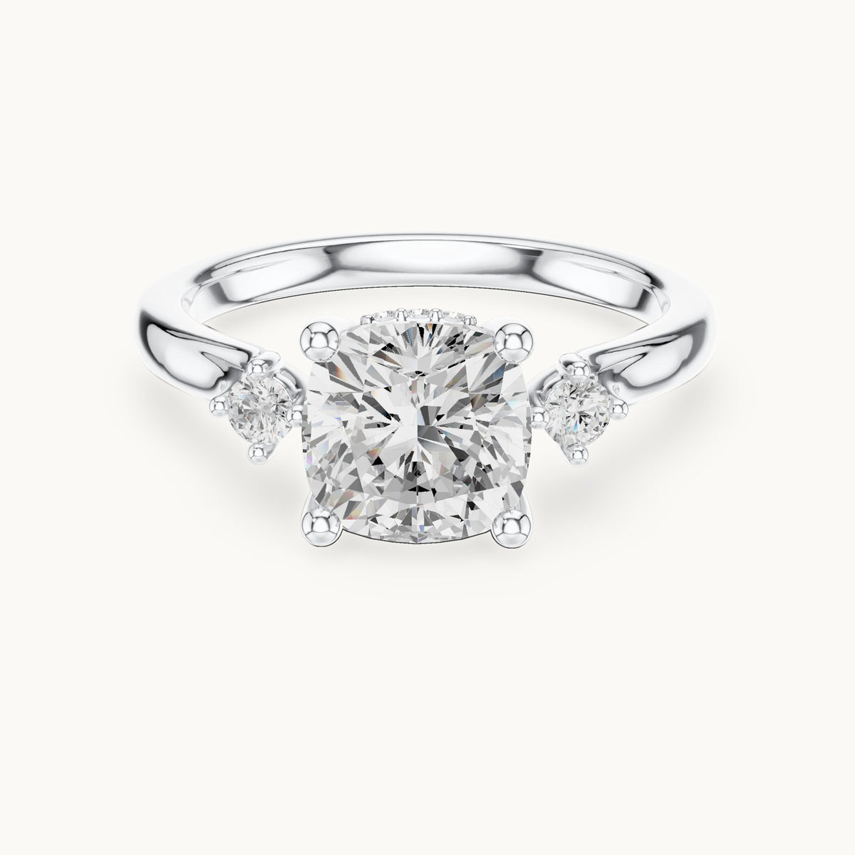 Cushion-cut and round lab-grown diamond three-stone engagement ring with hidden halo in white gold, 1.93 CT TW, view 4