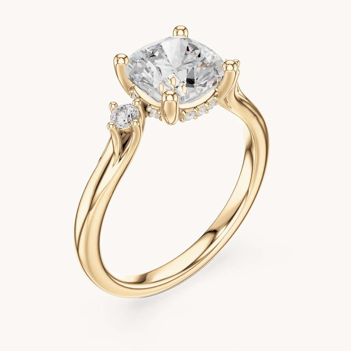 Cushion-cut and round lab-grown diamond three-stone engagement ring with hidden halo in yellow gold, 1.93 CT TW, view 2