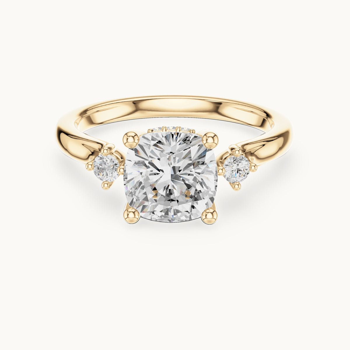 Cushion-cut and round lab-grown diamond three-stone engagement ring with hidden halo in yellow gold, 1.93 CT TW, view 4