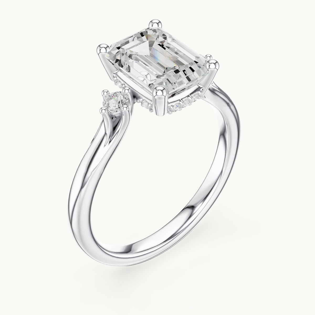 Emerald-cut and round lab-grown diamond three-stone engagement ring with hidden halo in white gold, 2.23 CT TW, view 2