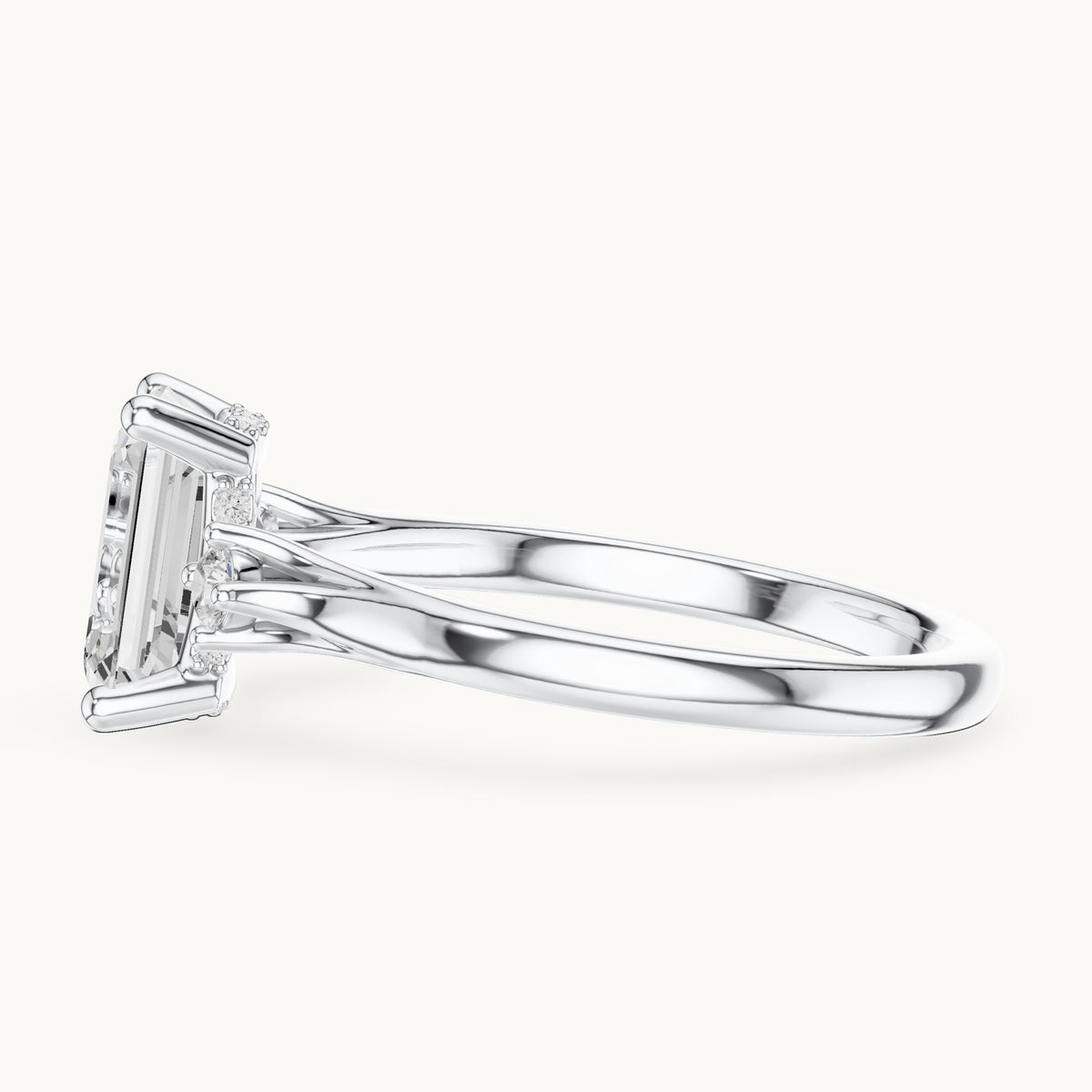 Emerald-cut and round lab-grown diamond three-stone engagement ring with hidden halo in white gold, 2.23 CT TW, view 3