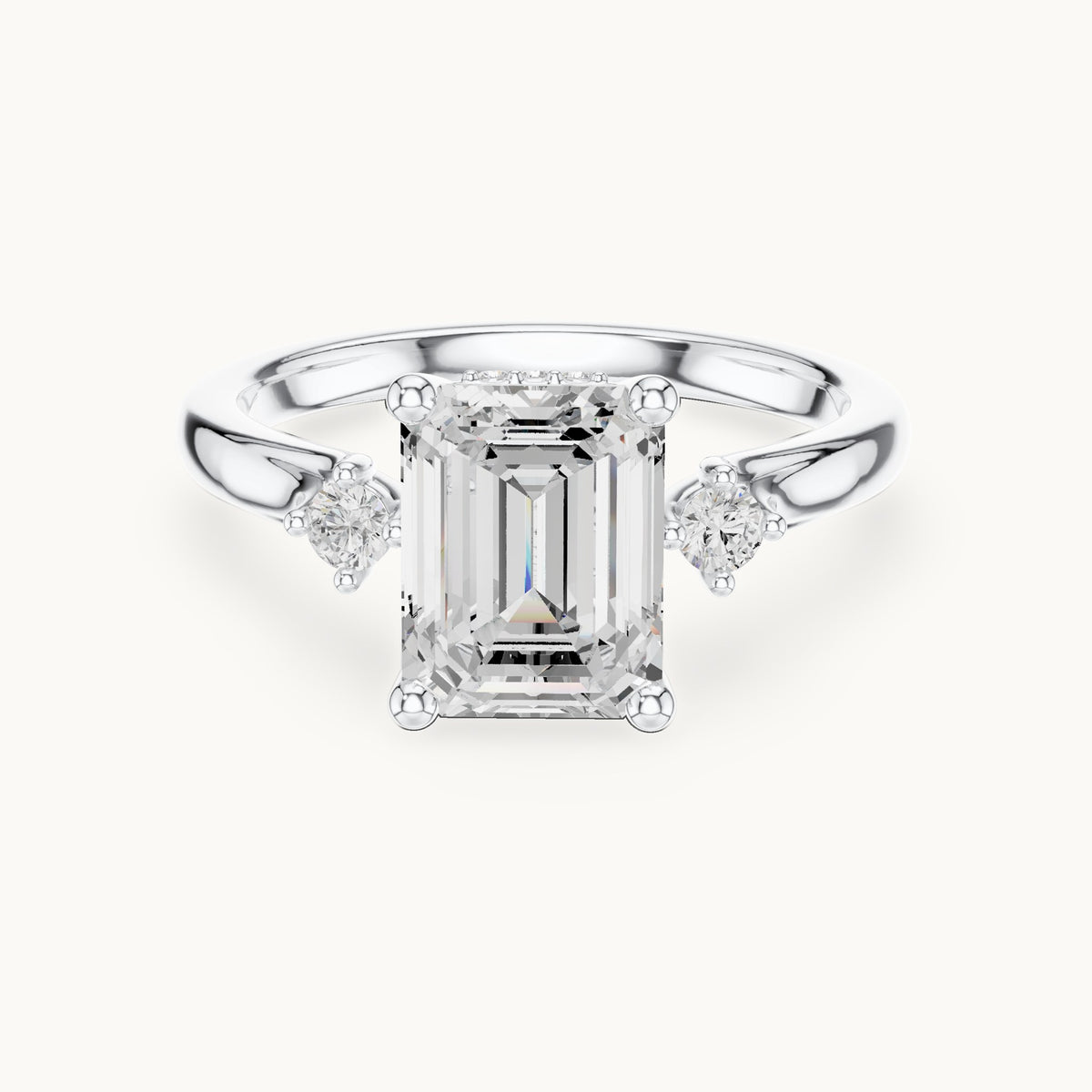 Emerald-cut and round lab-grown diamond three-stone engagement ring with hidden halo in white gold, 2.23 CT TW, view 4