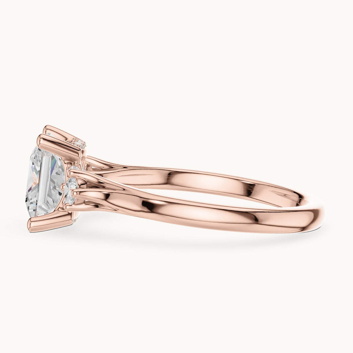 Princess-cut and round lab-grown diamond three-stone engagement ring with hidden halo in rose gold, 2.30 CT TW, view 3