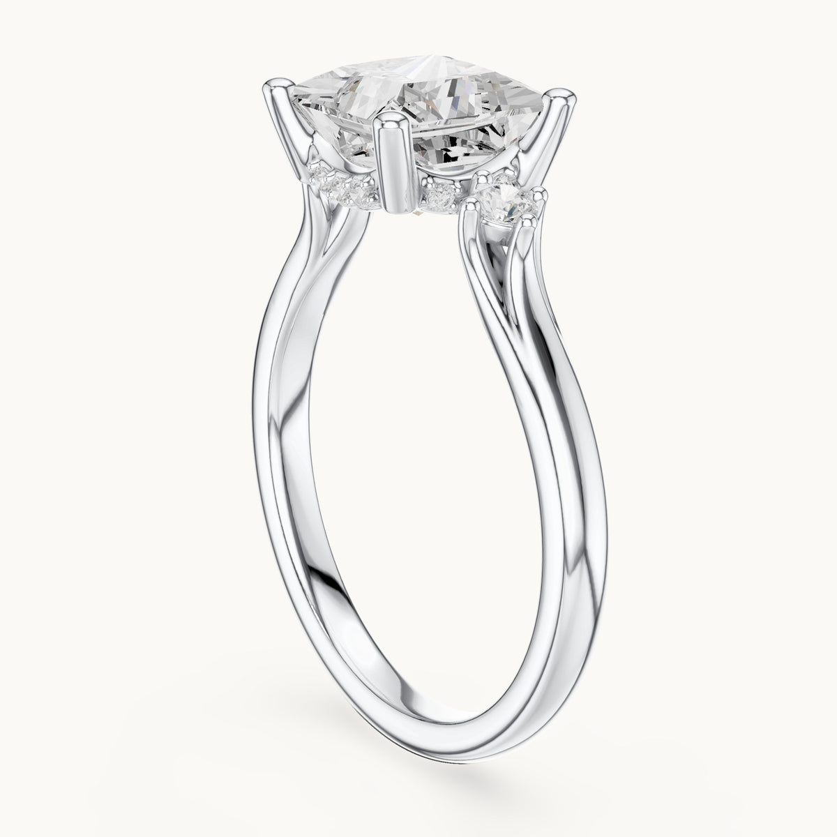 Princess-cut and round lab-grown diamond three-stone engagement ring with hidden halo in white gold, 2.30 CT TW, view 1