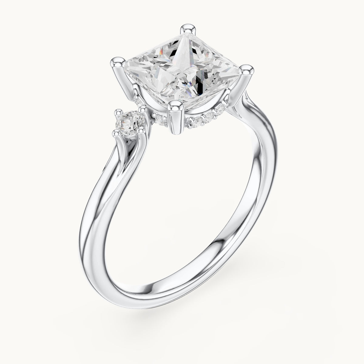 Princess-cut and round lab-grown diamond three-stone engagement ring with hidden halo in white gold, 2.30 CT TW, view 2