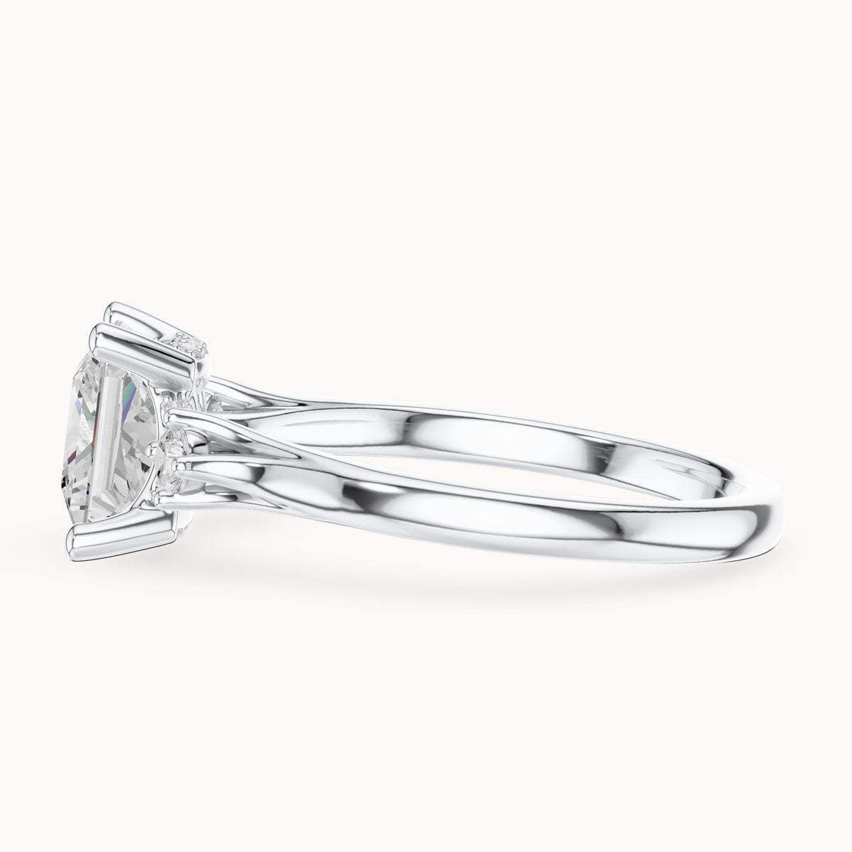 Princess-cut and round lab-grown diamond three-stone engagement ring with hidden halo in white gold, 2.30 CT TW, view 3
