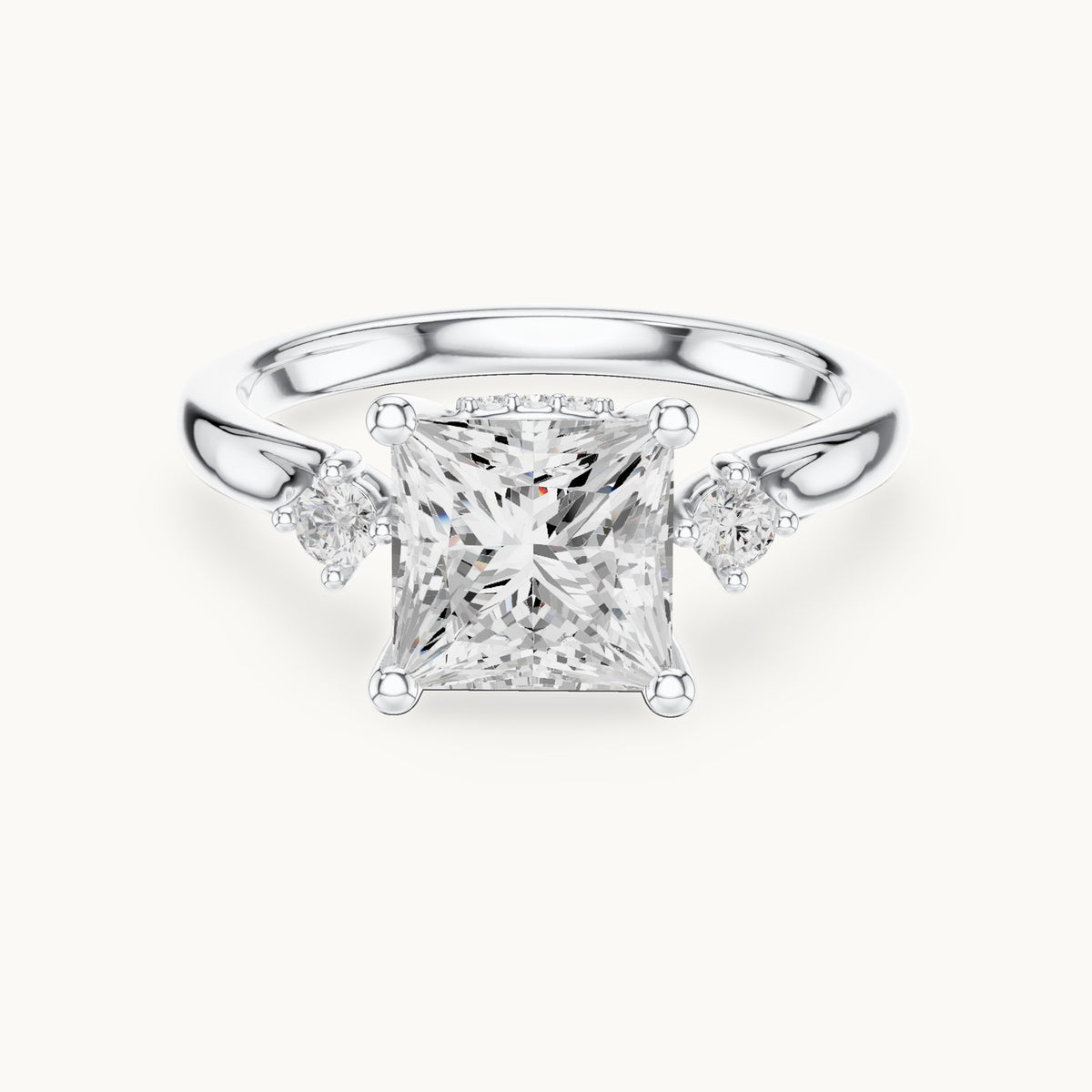 Princess-cut and round lab-grown diamond three-stone engagement ring with hidden halo in white gold, 2.30 CT TW, view 4