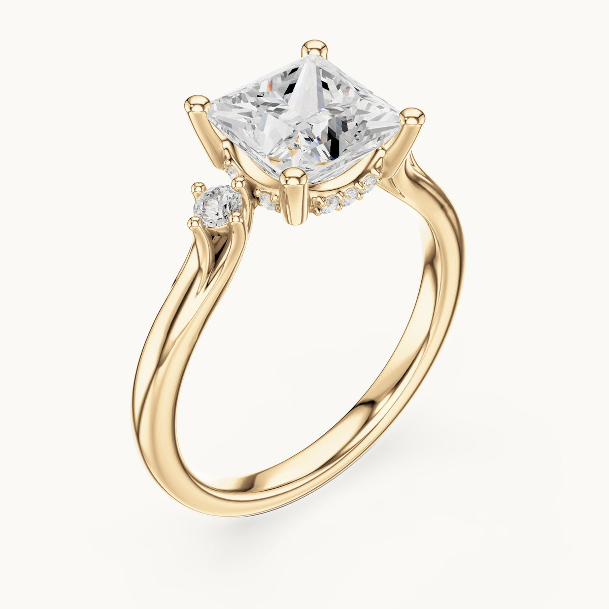 Princess-cut and round lab-grown diamond three-stone engagement ring with hidden halo in yellow gold, 2.30 CT TW, view 2