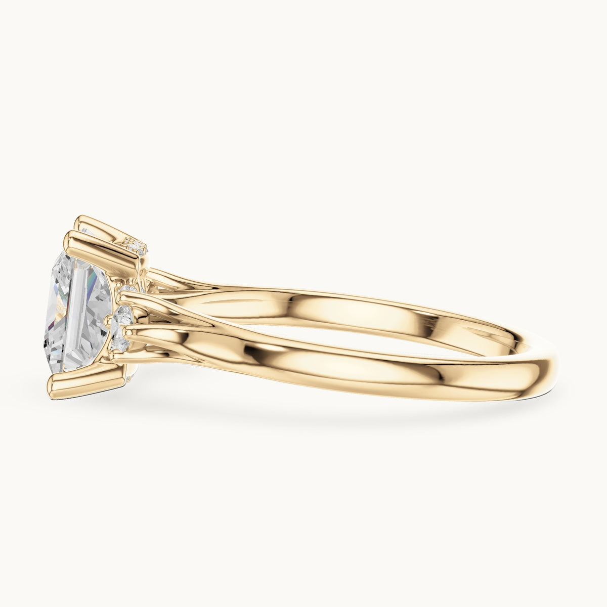 Princess-cut and round lab-grown diamond three-stone engagement ring with hidden halo in yellow gold, 2.30 CT TW, view 3