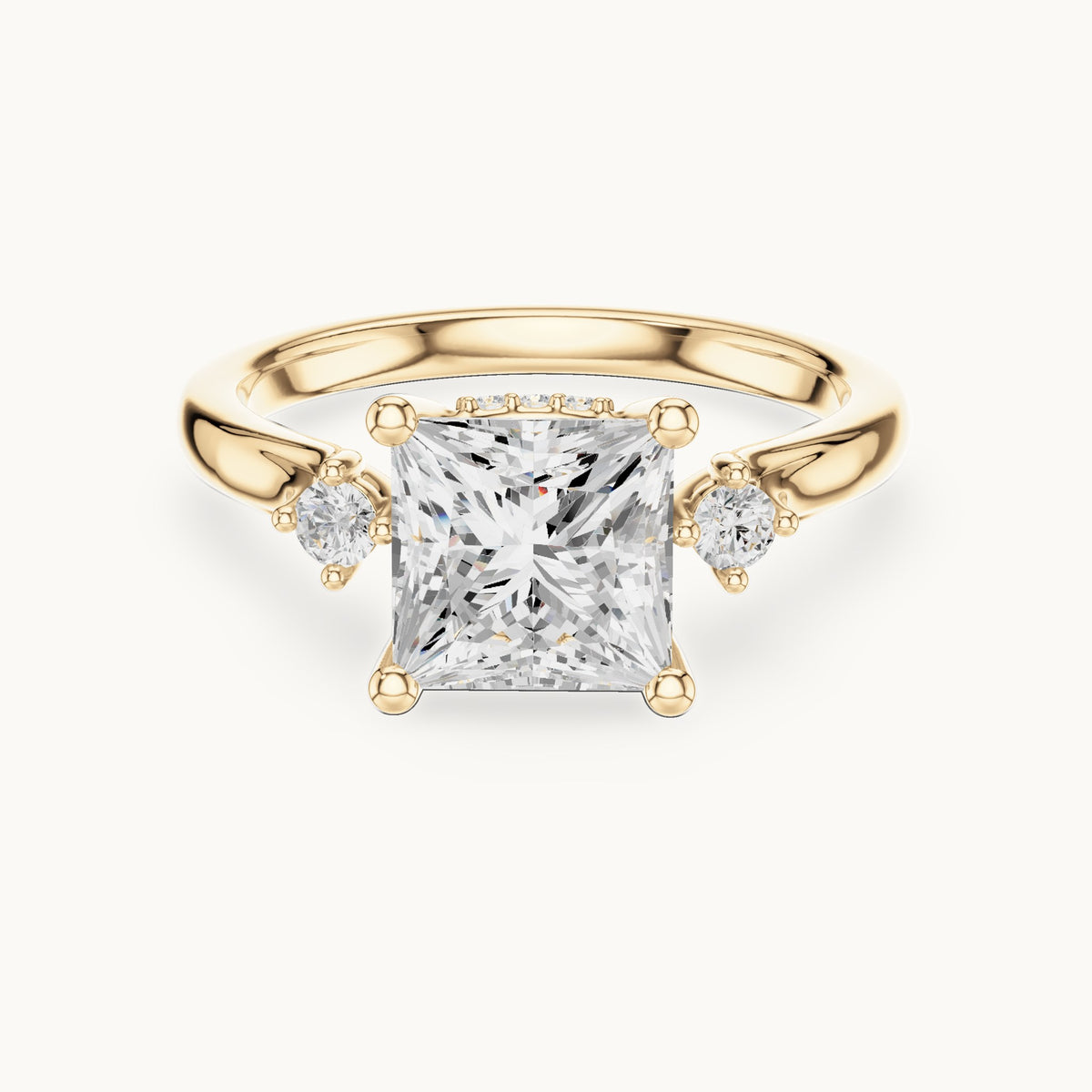 Princess-cut and round lab-grown diamond three-stone engagement ring with hidden halo in yellow gold, 2.30 CT TW, view 4