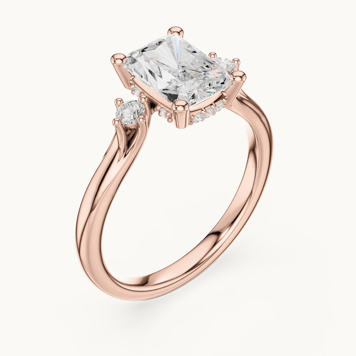 Radiant-cut and round lab-grown diamond three-stone engagement ring with hidden halo in rose gold, 2.13 CT TW, view 2