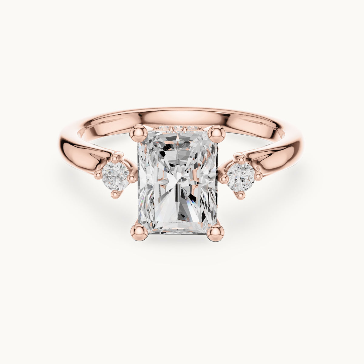 Radiant-cut and round lab-grown diamond three-stone engagement ring with hidden halo in rose gold, 2.13 CT TW, view 4