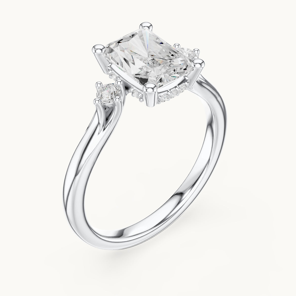 Radiant-cut and round lab-grown diamond three-stone engagement ring with hidden halo in white gold, 2.13 CT TW, view 2