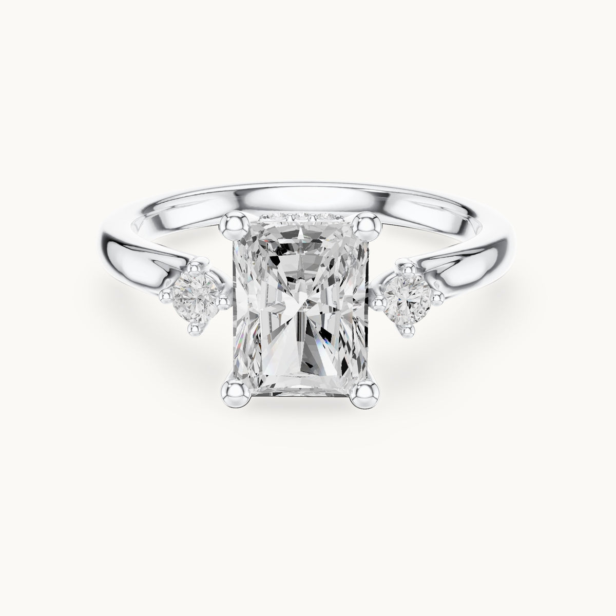 Radiant-cut and round lab-grown diamond three-stone engagement ring with hidden halo in white gold, 2.13 CT TW, view 4