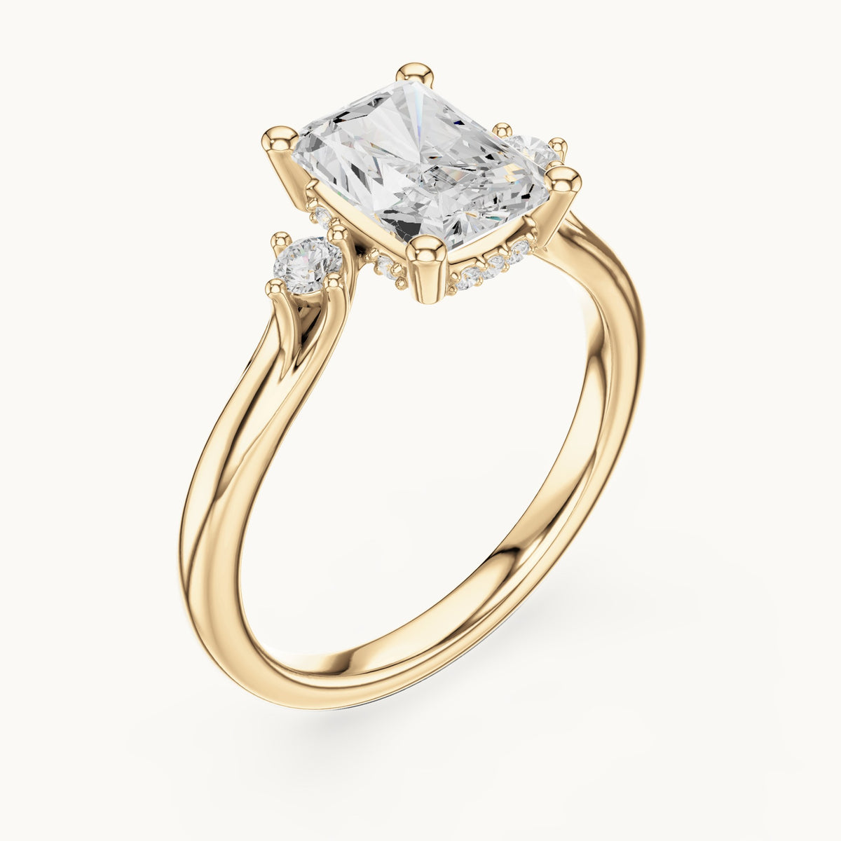 Radiant-cut and round lab-grown diamond three-stone engagement ring with hidden halo in yellow gold, 2.13 CT TW, view 2