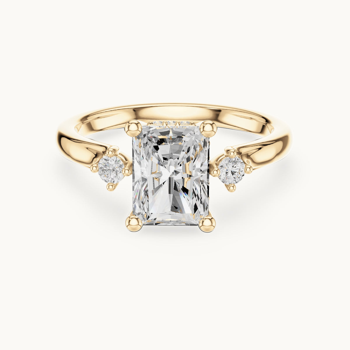 Radiant-cut and round lab-grown diamond three-stone engagement ring with hidden halo in yellow gold, 2.13 CT TW, view 4