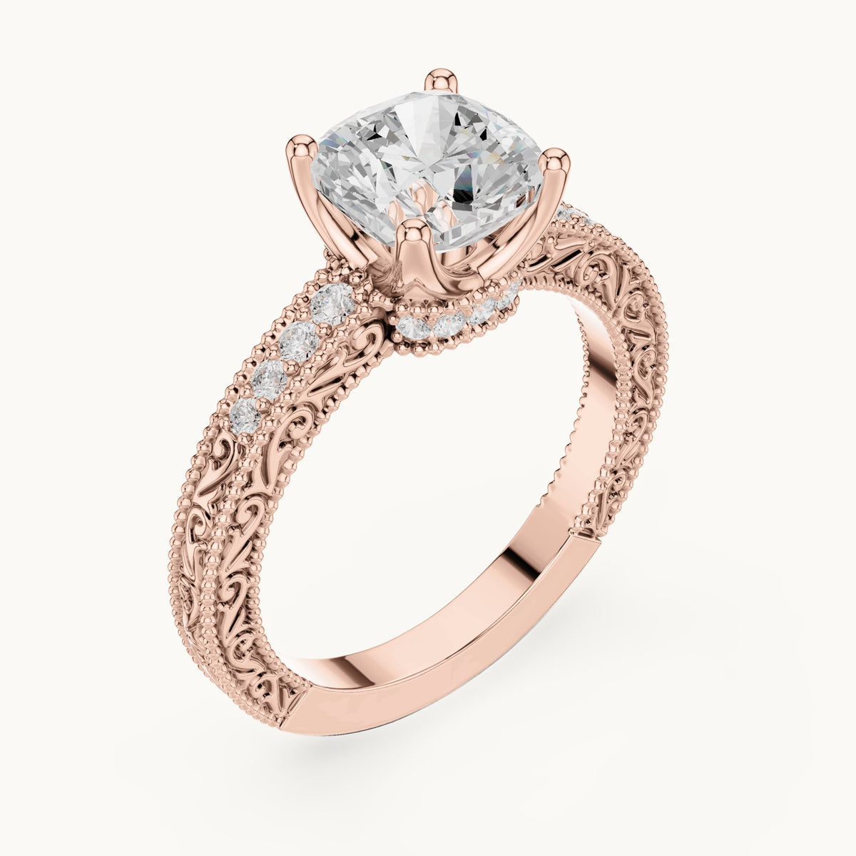 Cushion-cut and round lab-grown diamond vintage engraved engagement ring in rose gold, 1.97 CT TW, view 2