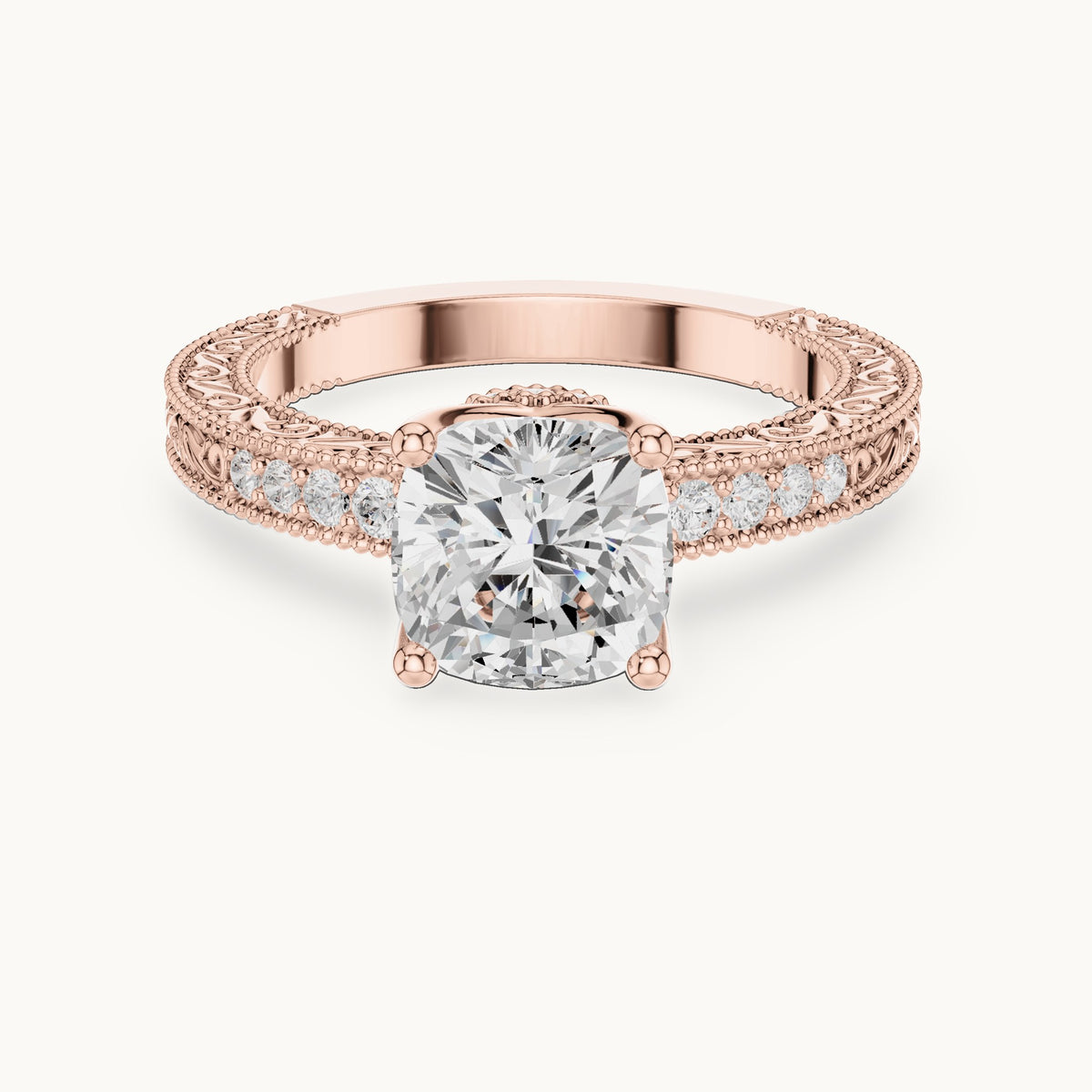 Cushion-cut and round lab-grown diamond vintage engraved engagement ring in rose gold, 1.97 CT TW, view 4