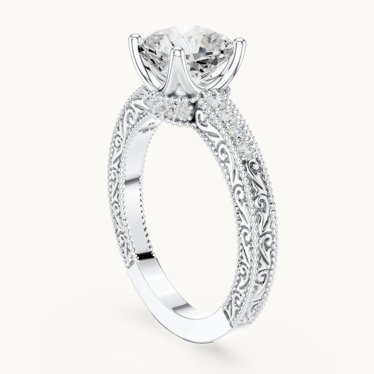 Cushion-cut and round lab-grown diamond vintage engraved engagement ring in white gold, 1.97 CT TW, view 1