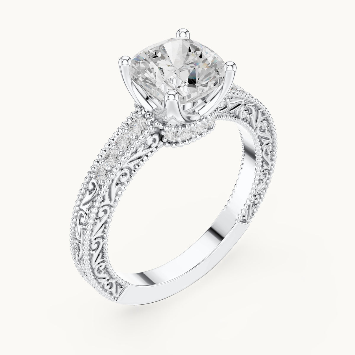 Cushion-cut and round lab-grown diamond vintage engraved engagement ring in white gold, 1.97 CT TW, view 2